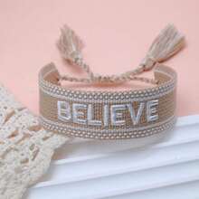 1 pièce Bracelet bohème vintage créatif brodé "CROIRE" Cadeau inspirant fait main réglable - Kaki - Voir 2