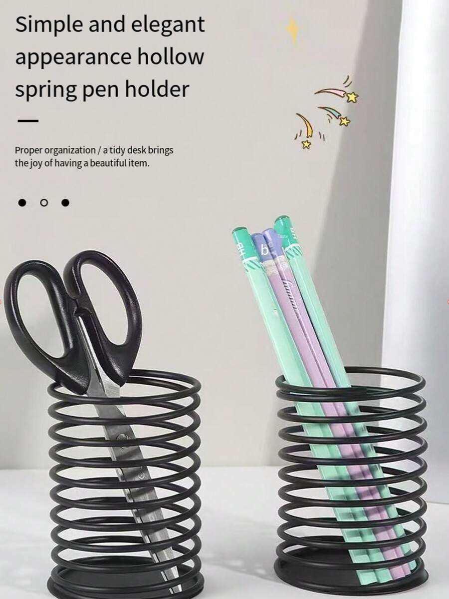 1pc Spring Steel Art Pen Holder, Office Desk Organizer, Creative Pen Cup - A - View 1