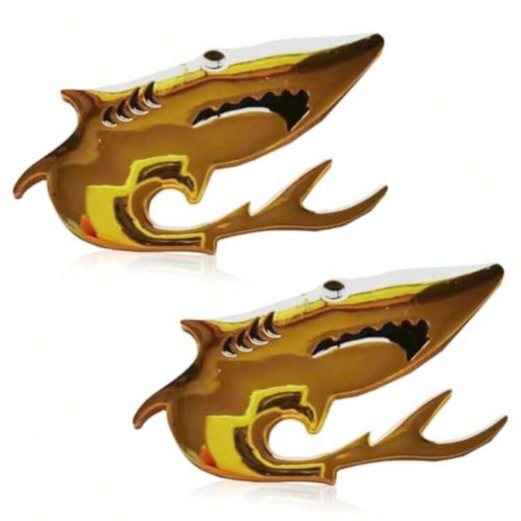 2PCS 3D Shark Metal Car Emblem Sticker Decal 3.5*1.7 Cool Fish Nameplate Sticker For Auto Body Badge Decal On SUV Motorcycle Truck Fenders Bumper Window Laptop Decoration Gold Finish High-Definition Metallic Design Durable Outdoor Use Stylish Vehicle Customization Accessory - -金子- - 查看 7