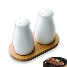 陶瓷盐瓶和胡椒瓶套装，配竹制托盘，乡村白色盐瓶，适用于烹饪、旅行、烧烤、厨房和餐厅装饰，2个装 - 白色 - 查看 7