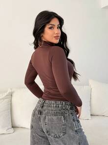 Women's Bodysuit Kit, High Neck, Long Sleeve, Second Skin, Basic, Versatile, Fashion Blogger Style, - 黑白咖啡 - 查看 4