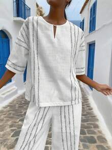 Bộ đồ nữ 2 món gồm áo thun ngắn tay cổ tròn kẻ sọc dọc thanh lịch, kiểu dáng Bohemian, chất liệu vải lanh, thích hợp cho mùa tựu trường, bộ đồ thường ngày hoàn hảo, áo và quần thời trang mùa hè. - Trắng 2 - Xem 5