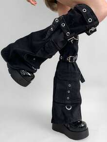 polve 1 Pair Personalized Black Multi-Pocket Reinforced Leg Warmers, Drawstring Y2K Heavy-Duty Design Sexy Bell-Bottom Leg Warmers - Black (suitable for Calf Circumference Up to 38cm) - View 6