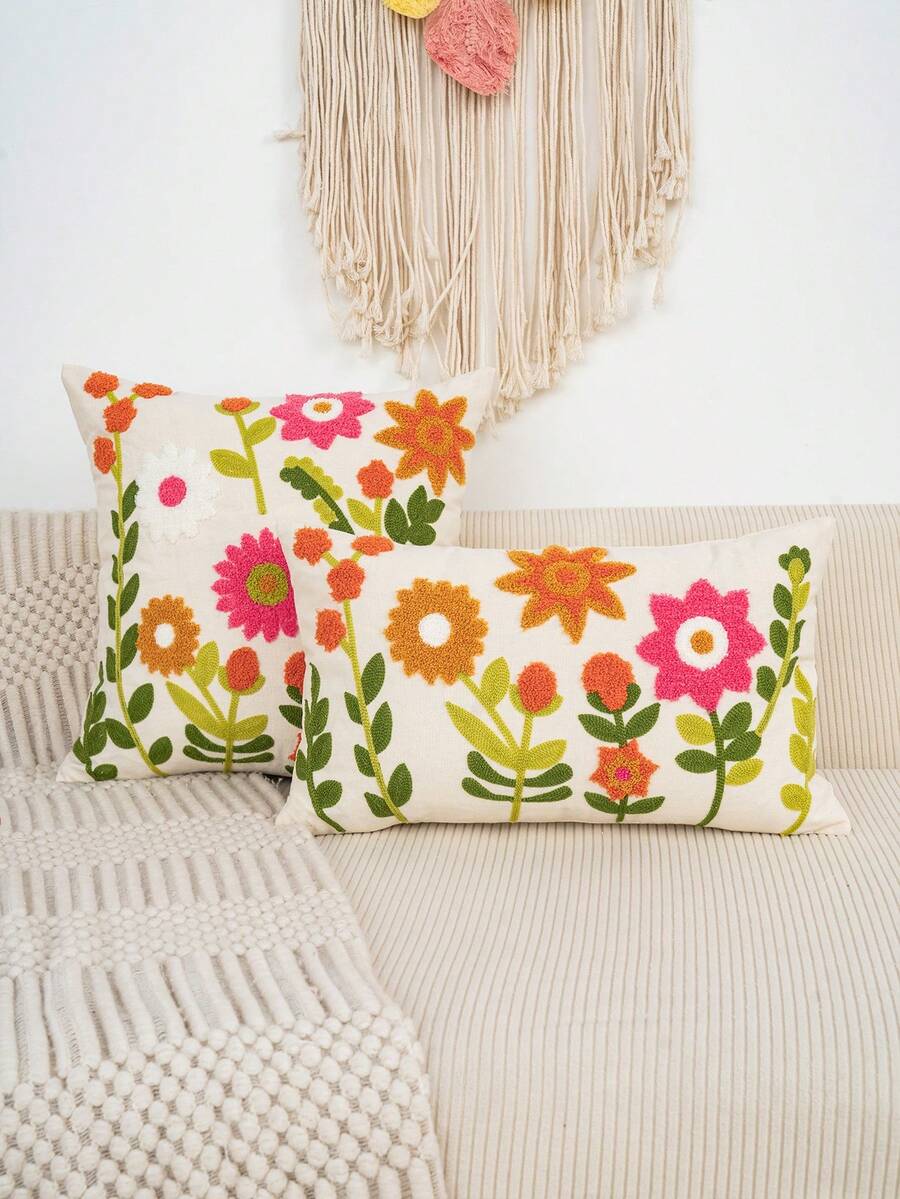 1pc Floral Embroidered Decorative Pillow Cover, Available In Multiple Sizes, Suitable For Various Rooms (Pillow Insert Not Included) - Multicolor 3351 - View 1