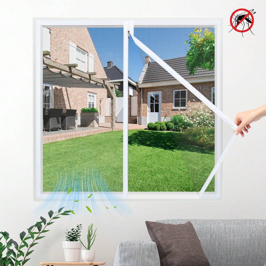 1pc Mosquito Net Window With Zipper, Self-Adhesive No Drill Invisible Mesh Screen, Insect Proof For Living Room Bedroom, Easy Installation - White - View 1