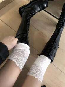 1 双女士白色撞色蕾丝舒适过膝袜，百搭日常穿着 - 白色 - 查看 3