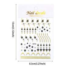1 pieza Pegatinas de uñas con flores negras y blancas, líneas francesas metálicas doradas, y lindos dibujos de flores de cinco pétalos para decoración de manicura de primavera y verano para mujeres - Multicolor - Ver 7