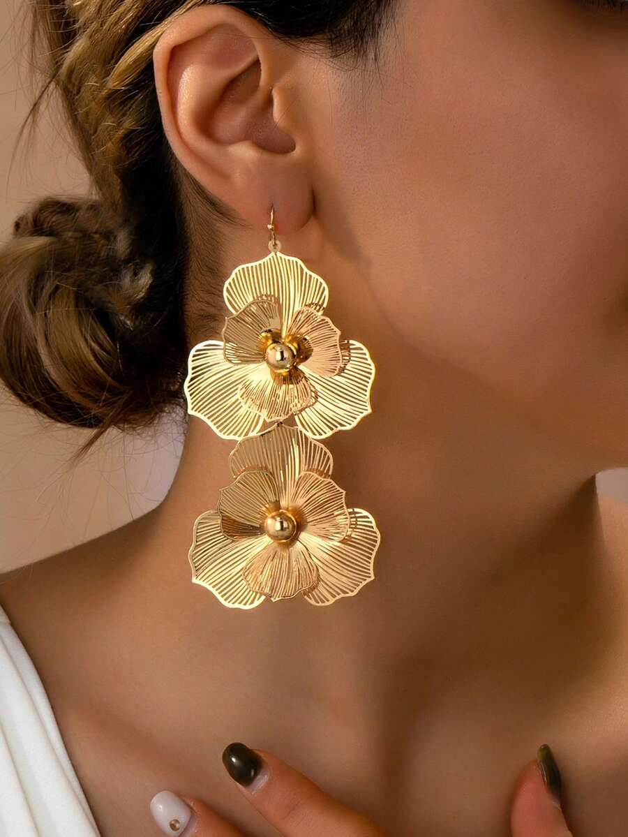1 Đôi bông tai nữ thời trang dáng dài, kiểu dáng lãng mạn, họa tiết hoa 3D phóng đại với tua rua, thích hợp đeo hàng ngày, quà tặng trang sức mùa xuân/hè. - Vàng - Xem 1