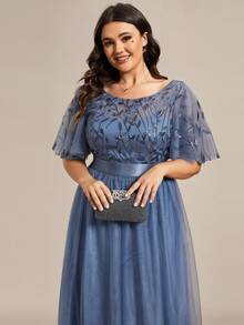 EVERPRETTY 优雅撞色亮片紧身胸衣网纱浅蓝色伴娘礼服晚礼服春夏婚礼宾客派对情人节礼服 - 霧霾藍 - 查看 5