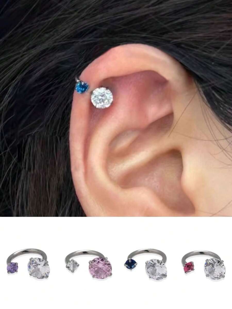 1件彩色闪光立方氧化锆双头马蹄形耳钉，螺丝式耳骨夹耳环，女士款 - 氧化立方鋯款 - 查看 1