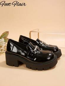 Foot Flair 女士搭扣装饰玛丽珍厚底粗跟高跟踝带 Y2K 哥特洛丽塔牛津经典舒适校服正装鞋 - 黑色 - 查看 8