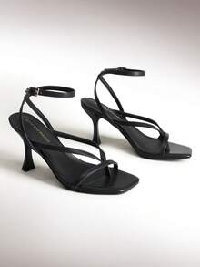 Women Kitten Heel Thong Heeled Sandals Fashion Open Toe Ankle Strap Summer Stiletto Heel Sandals Elegant Wedding Party Dress Shoes - 黑色 - 查看 1