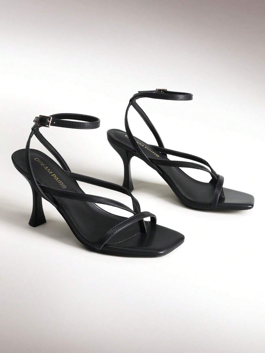 Women Kitten Heel Thong Heeled Sandals Fashion Open Toe Ankle Strap Summer Stiletto Heel Sandals Elegant Wedding Party Dress Shoes - 黑色 - 查看 1