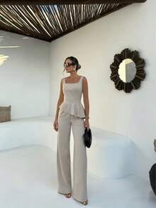 女士优雅简约日常通勤及休闲约会套装，杏色荷叶边下摆上衣和裤子 - 杏色 - 查看 5