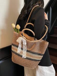 1 chiếc túi tote nữ mùa hè mới, dung tích lớn, đeo vai, làm từ rơm dệt, thiết kế phối màu, trang trí nơ ren, thích hợp cho kỳ nghỉ biển, sang trọng và đa năng. - Màu Khaki - Xem 9