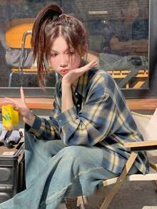 格子长袖衬衫，初秋休闲外套，春季衬衫 - 藏蓝色 - 查看 3