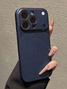 时尚荔枝纹皮革纹理大窗口手机壳，兼容 17 Pro Max、17 Pro、16 Pro Max、15、14 Pro、13、12 Pro、17，摄像头保护，磨砂软边防摔保护套 - 深藍色 - 查看 3