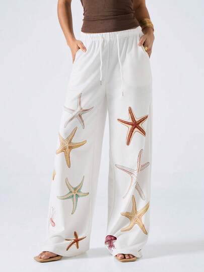 LYSMO 女式抽绳腰口袋海星印花宽松阔腿运动裤