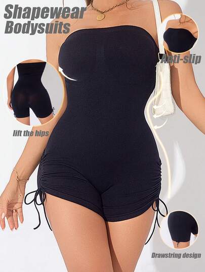一件式女士无缝塑身连体衣，具有收腹、提臀、胸部支撑和打底功能。