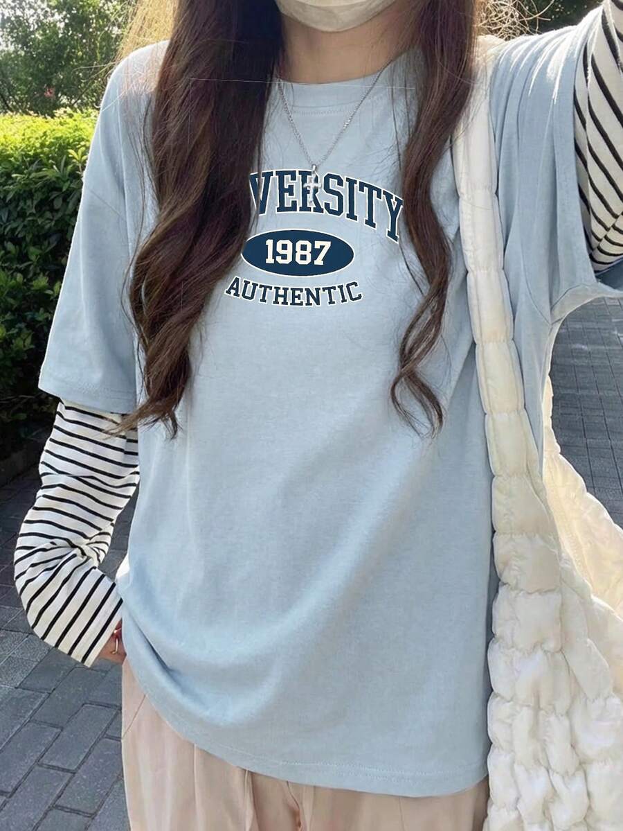 English Element Striped Long Sleeve Round Neck Loose Knit Blue & White Women T-Shirt, Vacation Casual Top For Spring Autumn, Valentine's Day - 2A24 Blue and White - KJ0262 - View 1