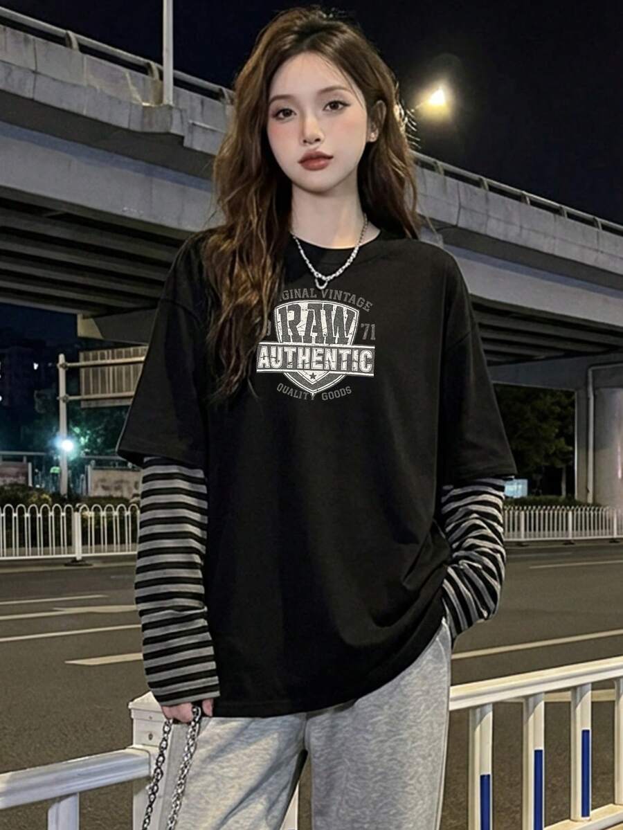 Letter Print 2 In 1 Long Sleeve Round Neck Loose Knit T-Shirt, Fashionable Commuter Top For Spring/Autumn, Valentine's Day Outfit - 2A19 Black - KJ0264 - View 1