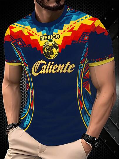 男士美洲杯足球球衣，墨西哥圆领舒适运动服 - 墨西哥文明印花，适合北美比赛、训练和休闲穿着