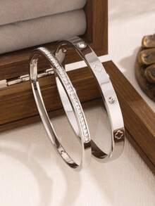 奢华闪亮四叶草锆石不锈钢女士手链，适合多种场合 - 金黃色 - 查看 15