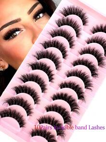 10 Pairs Transparent Stem Thick & Long False Eyelashes - Black - View 3