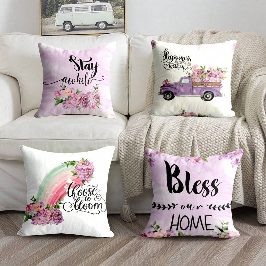 4pcs Purple Floral Pattern Throw Pillow Covers, Modern Polyester Flat Printing Multi-Size Home Decor Sofa Cushion Covers - Multicolor - View 1