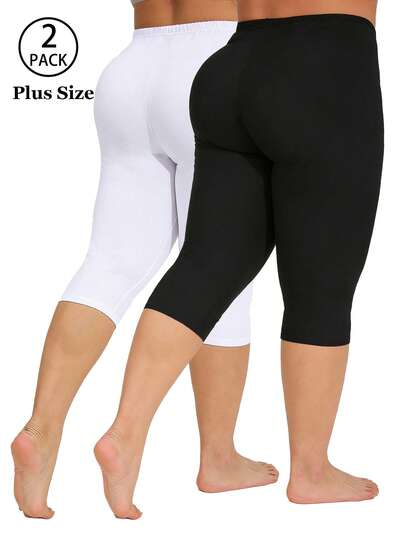 Plus Size Women's Short Stretchy Leggings, Black & White, Comfortable Tight Pants For Beach, Travel, Outdoor Walking, Fitness, Running, Casual Wear Summer