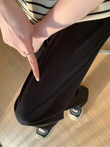 ハイウエストマタニティワイドレッグパンツ - 調節可能なゴムウエストのゆったりマタニティパンツ、産前産後兼用、ヨガやカジュアルに最適な九分丈スポーツパンツ（ハイウエストワイドレッグ、春夏秋に適しています） - ブラック - チェックする 5
