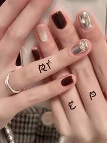 (10pcs) Cute Cat & 26 English Alphabet Temporary Tattoo Stickers, Cartoon Finger Tattoo Stickers For Couples - Black - View 5