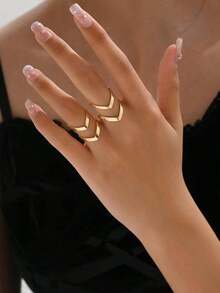 Set de 2 anillos abiertos con forma de V de doble capa simple para mujeres, decoración para fiesta de verano - Plata 2 - Ver 6