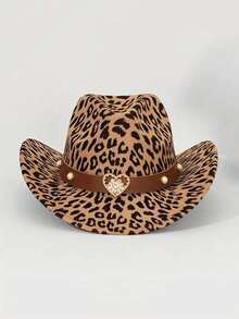 1顶豹纹西部牛仔帽，配有可拆卸心形装饰带，采用印花毛毡材质，适合日常佩戴以及万圣节和圣诞节庆祝活动。 - 豹紋 - 查看 5