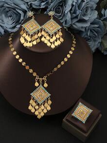 4pcs/Set, Arabic Rhombus Geometric Tassel Pendant Necklace, Earrings, Ring Jewelry Set For Women, Shiny Rhinestones, Suitable For Wedding, Party, Holiday Gift - Gold - View 5