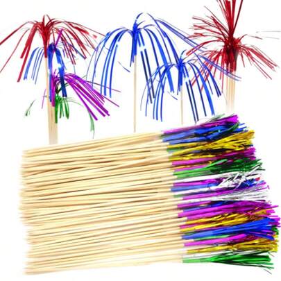 200个闪亮金属丝纸杯蛋糕装饰插牌，鸡尾酒签，创意烟花造型三明治和鸡尾酒水果签，纸杯蛋糕装饰，生日蛋糕装饰插牌，鸡尾酒签，适用于圣诞节、婴儿派对、生日派对装饰