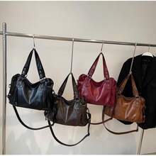 Women's Black Faux Leather Shoulder Bag, Large Capacity Tote Bag With Adjustable Straps, Stylish Hobo Bag For Daily Commute, Travel, Shopping, Featuring Rivet Details And Versatile Design, Vintage Oversized Tote Bag For Woman , Vintage Bag , Y2k , Office , Valentine's Day Gifts - 黑色 - 查看 8