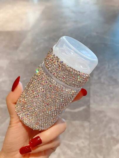 1pc 100ml Refillable Pump Bottle, Luxury Rhinestone Decor, Toner/Makeup Remover Dispenser, Travel Friendly Cosmetic Container