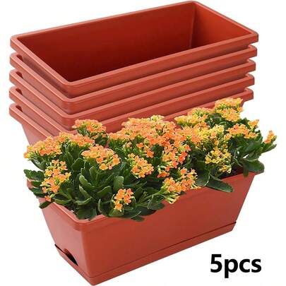5pcs Plastic Rectangular Planter Boxes With Trays, 43cm Length, Suitable For Indoor/Outdoor Garden, Balcony, Home Decor