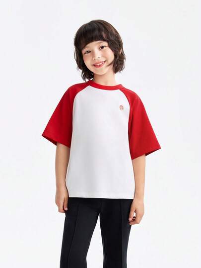 Annil 儿童服装，男女童亲子圆领T恤，新款26，红色插肩袖