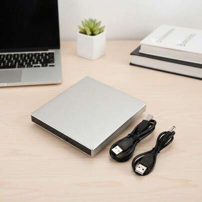 Portable USB 2.0 External DVD Drive | Plug And Play, Slim Portable Burner Suitable For Laptops And Desktops | Supports CD/DVD Playback And Data Copying | Silver, With Power Cable