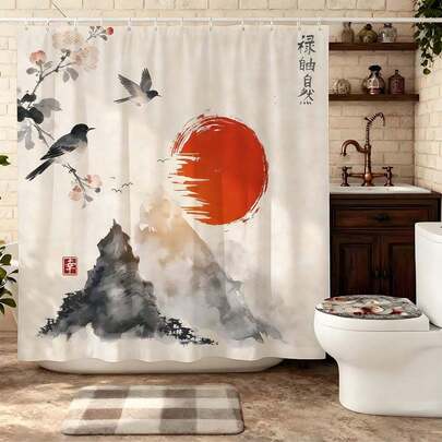 Japanese Style Mountain Sunset Shower Curtain, Ukiyo-E Ink Painting With Red Sun, Birds Cherry Blossoms Pattern Waterproof Polyester Curtain Set With Hooks, Asian Art Themed Bathroom Decor For Home, Elegant Zen Style Restroom Decoration Gift