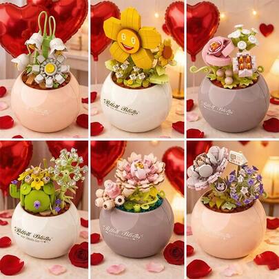 300+Pcs DIY Preserved Flower Bonsai Building Blocks - Valentine's Day Romantic Gift For Her, Eternal Rose Succulent Plant In Pot, Anniversary Present, Home Office Desk Decor, Creative Unique Gift Idea
