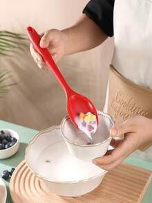 1pc Integrated Silicone Spoon, Cooking Silicone Strainer Ladle, Kitchen Mixing Salad Spoon - Red - View 3