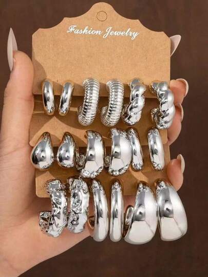 9 Pairs Thick Pure Silver Hoop Earrings Set, Hypoallergenic Thick Hoop Earrings Jewelry Set For Men, Suitable For Daily And Holiday Wear, Made Of ABS Resin With UV Silver Plating, Non-Fading