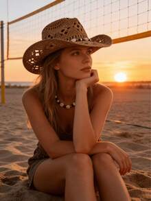 1 件波西米亚风镂空草编太阳帽，西部牛仔女郎沙滩帽，适合母亲节、复活节、度假、拍照 - 卡其色 - 查看 6