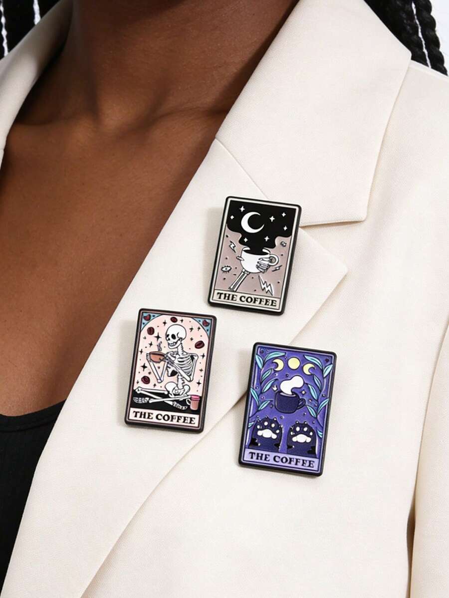 1Set Punk Gothic The Coffee Cat Tarot Enamel Pins Skeleton Drinking Coffee Brooches Lapel Badge Jewelry Gift For Friends - Multicolor - View 1