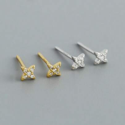 1 Pair S925 Sterling Silver Bohemian Four-Leaf Clover Zirconia Earrings, Fashionable & Elegant Daily Jewelry Gift For Women, Gift Box Included