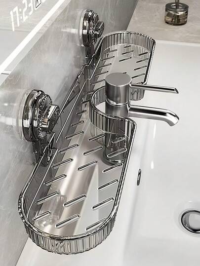 No Drilling Bathroom Shelf, Suction Cup Faucet Organizer Rack, Waterproof , Detachable, Self-Draining, Suitable For Bathroom, Kitchen, Under Sink, Essential For Renters And Organizers