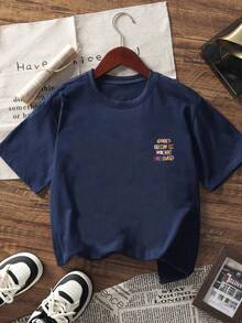 1件标语印花短袖T恤，青少年男童休闲夏季服装，青少年学生服装 - 藏蓝色 - 查看 5